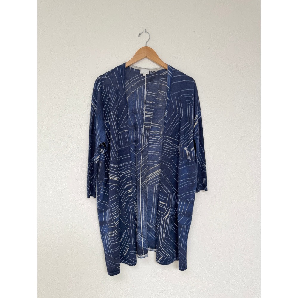 TSE Cashmere Cardigan Blue White Abstract Geometric Open Front Long Sweater S